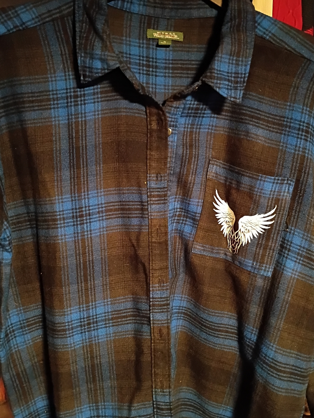 wild fable Blue and Black Plaid Button-Up with Wing Chest And Back Graphic